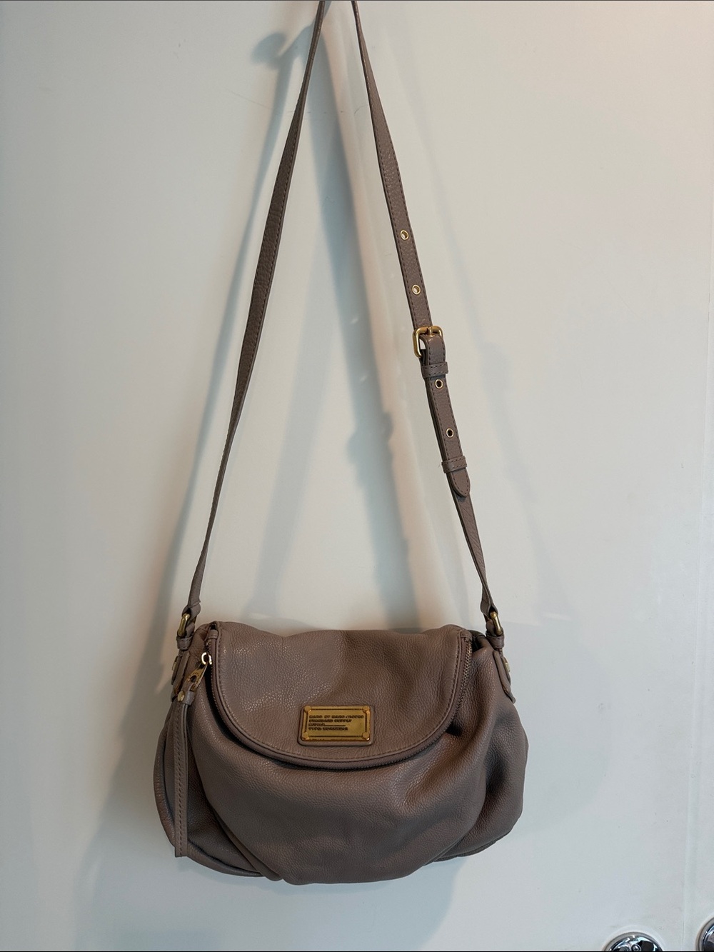 Marc by Marc Jacobs Taupe Pebbled Leather Crossbody with Gold Plaque